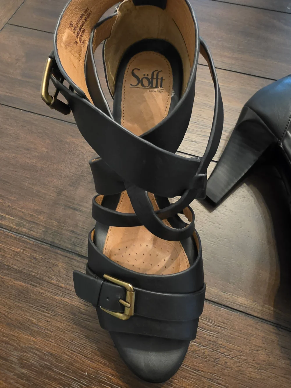 Sofft Black Leather Strappy Buckle Heels for Women